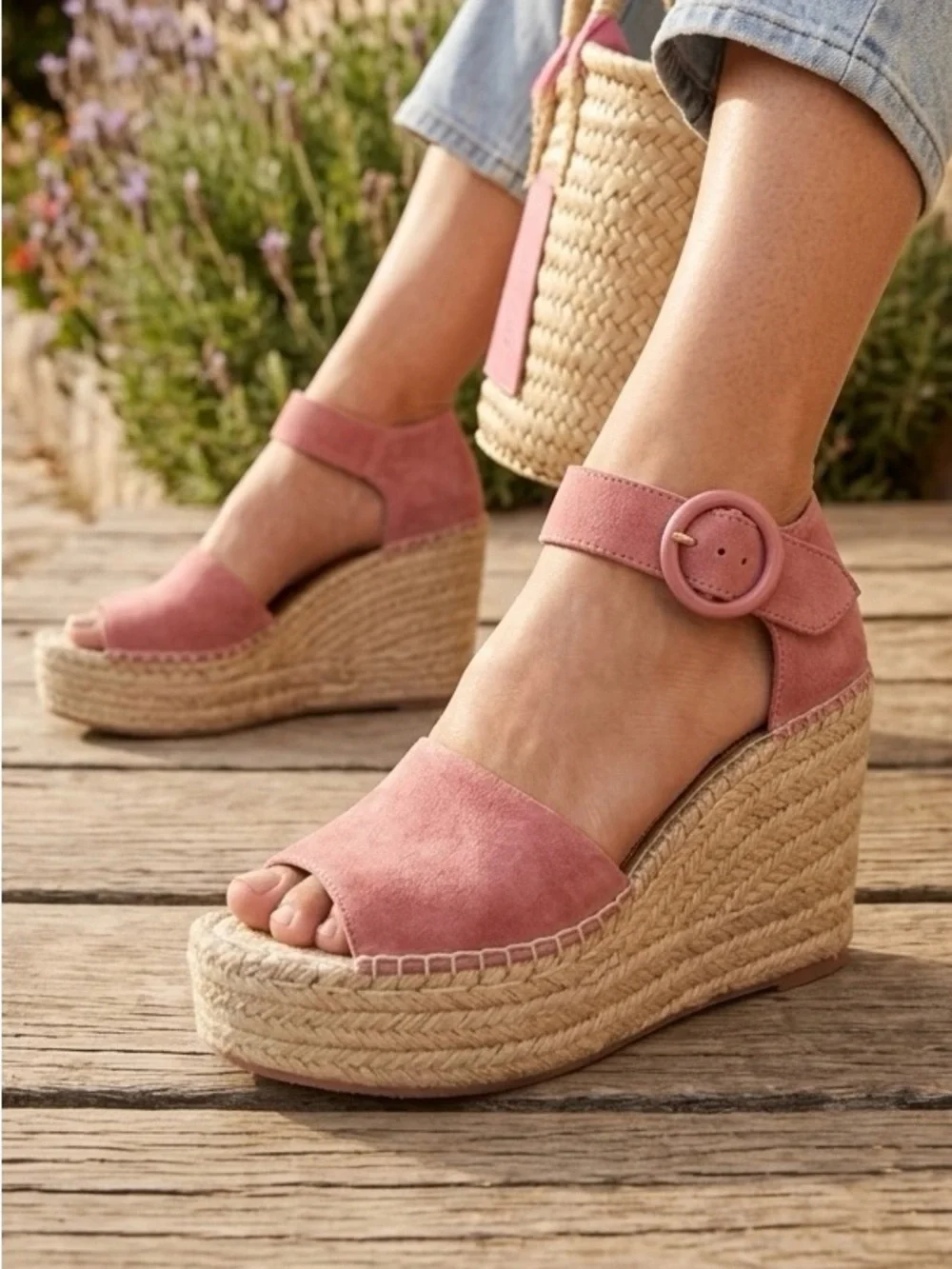MARC FISHER Mlalida Pink Suede Espadrille Wedge Sandals Leather Sz 6M